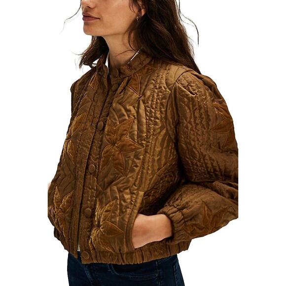 NWT FREE PEOPLE Quinn Quilted Crop Jacket $198 LARGE Bronze/Brown Patching - Picture 2 of 8